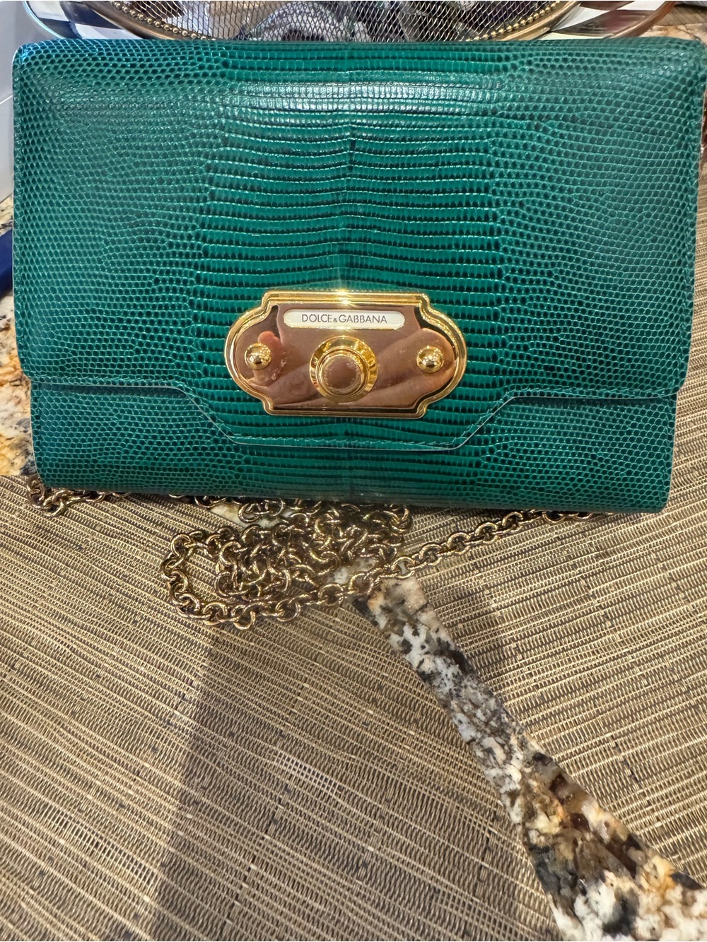 Dolce & Gabbana Emerald Green Lizard-Embossed Chain Crossbody Bag